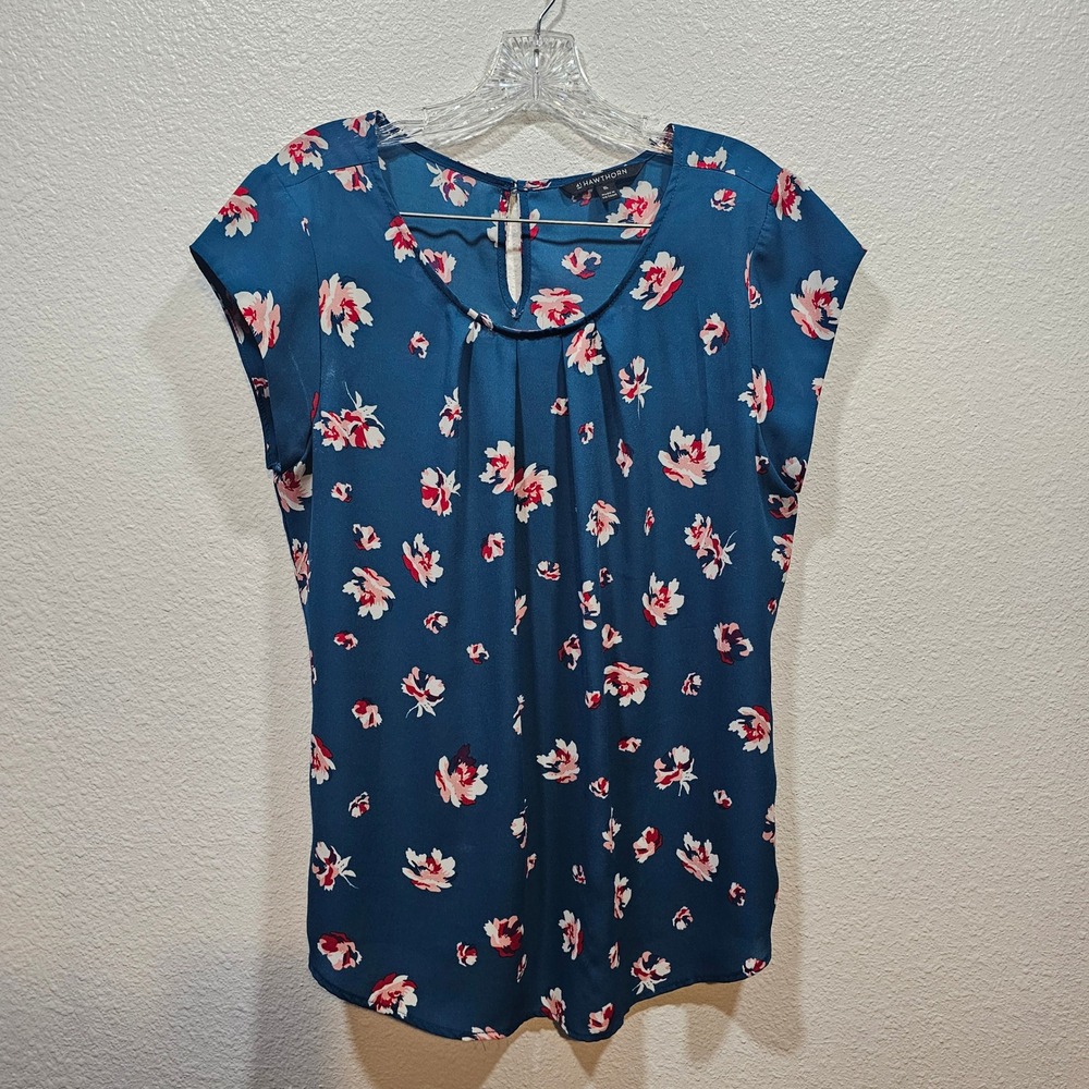 41 Hawthorn Teal Floral Pleated Scoop Neck Cap Sleeve Blouse XL